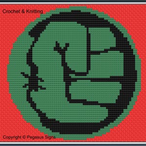 Può includere: Un disegno a punto croce con un pugno verde con contorno nero su sfondo rosso. Le parole "Crochet & Knitting" sono in alto e "Copyright © Pegasus Signs" in basso.