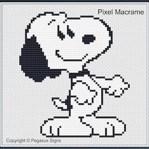 May include: Black and white pixel art image of Snoopy, a cartoon beagle, sitting with his head tilted and a smile on his face. The image is titled "Pixel Macrame" and has the copyright text "Copyright © Pegasus Signs".