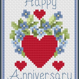 Buon anniversario cuori e fiori schema punto croce solo file PDF/JPEG - celebrazione, biglietto, amore,