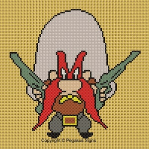 May include: Cross-stitch design of a cartoon character with a large white beard and hair, red mustache and eyebrows, and a brown body. The character is holding two green rifles. The background is yellow. Copyright Pegasus Signs is printed at the bottom.