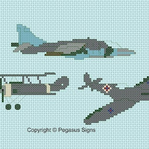 May include: Cross-stitch pattern featuring two airplanes. The top airplane is a modern jet in shades of blue, gray, and green. The bottom airplane is a vintage biplane in shades of gray and green with red and blue accents. The pattern includes the text "Copyright © Pegasus Signs".