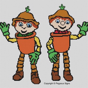 May include: Two cartoon characters, each wearing a brown hat with a green sprout on top, a green shirt, and orange pants. They are both holding green gloves and have a happy expression on their faces. The characters are standing on a white background.