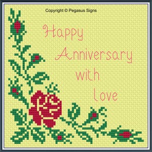 Schema punto croce per anniversario felice solo file PDF/JPEG - testo rose, regalo, anniversario, biglietto, celebrazione, fiori, amore,