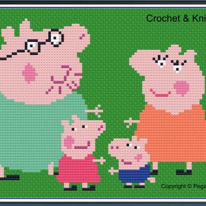 Peppa Pig y su familia: gráfico de crochet y tejido solo en archivos PDF/JPEG - televisión infantil, cerdos, dibujos animados,