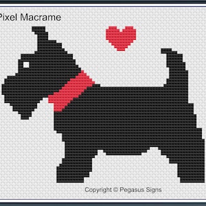 Può includere: Design pixel art in bianco e nero di un Scottish Terrier con un collare rosso e un cuore rosso sopra. Il testo "Pixel Macrame" è in alto nell'immagine e "Copyright © Pegasus Signs" è in basso.