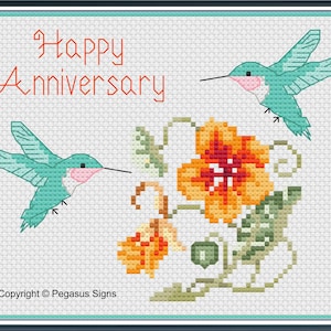 Joyeux anniversaire colibris - modèle de point de croix uniquement fichiers PDF/JPEG - carte, floral, oiseaux, broder un cadeau, tenture murale, fleurs,