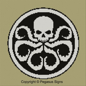 Peut inclure: Motif de point de croix noir et blanc du logo Hydra, avec un crâne entouré d'un cercle de tentacules.