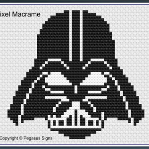 May include: Black and white pixel art image of Darth Vader's face. The image is titled "Pixel Macrame" and has the copyright information "Copyright © Pegasus Signs".
