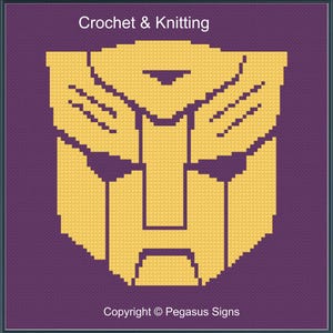 May include: A cross-stitch pattern featuring a yellow Autobot logo on a solid purple background. The text "Crochet & Knitting" appears at the top, and "Copyright © Pegasus Signs" is printed at the bottom of the square design.