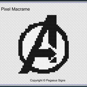 May include: Black and white pixel art design of the Avengers logo, featuring a stylised "A" inside a circle. The text "Pixel Macrame" appears above the logo, and "Copyright © Pegasus Signs" appears below.