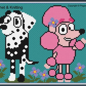 May include: A cross-stitch design showing a Dalmatian dog and a pink poodle. The Dalmatian is black and white, and the poodle is pink with a blue flower. The words "Crochet & Knitting" are at the top.