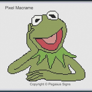 Op de afbeelding: Pixel macrame kunst van Kermit de Kikker, een groene kikker met een rode mond en witte ogen. De kikker glimlacht en rust zijn hoofd op zijn hand. De tekst "Pixel Macrame" en "Copyright © Pegasus Signs" zijn zichtbaar.