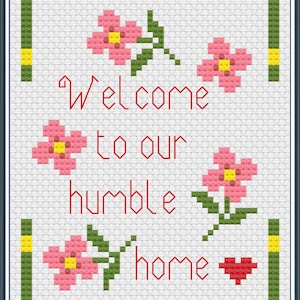 Modèle de point de croix de bienvenue uniquement fichiers PDF/JPEG - cadeau, bienvenue chez nous, fête, fleurs, amour,