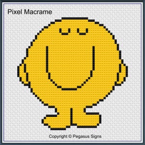 May include: Pixel Macrame pattern of a yellow character with a simple smiling face. The pattern is titled "Pixel Macrame" and includes the copyright information "Copyright © Pegasus Signs".