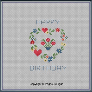Joyeux anniversaire coeurs et fleurs motif point de croix uniquement fichiers PDF/JPEG - anniversaire, fleurs, célébrations, coeurs, carte,
