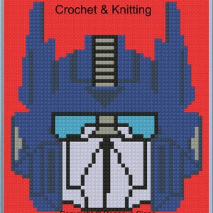 May include: A pixel art pattern of a blue robot head on a red background with the text Crochet & Knitting at the top and Copyright © Pegasus Signs at the bottom. The robot features light blue eyes, a silver faceplate, and dark blue helmet details.