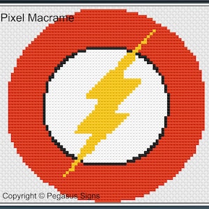 May include: A cross-stitch design featuring the Flash logo. The design includes a red circle with a white center, a yellow lightning bolt, and black outlines. The text "Pixel Macrame" and "Copyright © Pegasus Signs" are also visible.