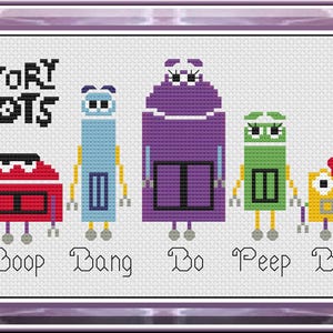 May include: Cross-stitch design featuring five colorful robots from the Story Bots series. The robots are red, light blue, purple, green, and yellow, each with unique shapes and features. The names "Boop", "Bang", "Bo", "Peep", and "Bing" are below.
