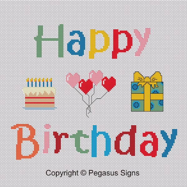 Happy Birthday Cross Stitch Pattern only PDF/JPEG Files - Colourful- Cake Candles Balloons text gift present celebration