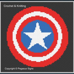 Puede incluir: Un diseño de escudo del Capitán América tejido a ganchillo. El escudo presenta círculos concéntricos rojos, blancos y azules, con una estrella blanca en el centro. El texto "Crochet & Knitting" está en la parte superior y "Copyright © Pegasus Signs" en la inferior.