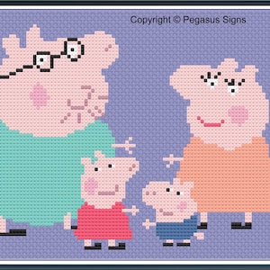Patrón de punto de cruz de Peppa Pig y su familia, solo archivos PDF/JPEG - kidsTV. cerdos, papá cerdo, mamá cerdo, George, Peppa, dibujos animados,