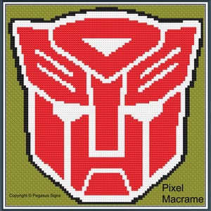 May include: Red and white pixel art of the Transformers logo. The logo is a stylized robot face with a black outline. The text "Pixel Macrame" is in the bottom right corner.