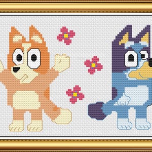 Kruissteekpatroon bingo en Bluey - tekenfilm honden, bloemen kinderen (pdf/jpeg)