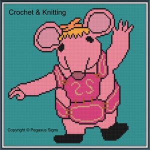 Könnte beinhalten: Eine pixelige rosa Maus, die ein rosa Outfit mit der Nummer 25 trägt und mit der rechten Hand winkt. Das Bild trägt die Aufschrift "Crochet & Knitting" und "Copyright © Pegasus Signs."