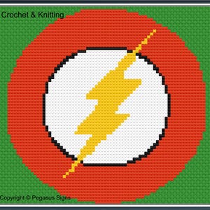 Könnte beinhalten: Ein Kreuzstich-Design mit dem Flash-Logo. Das Logo zeigt einen gelben Blitz in einem weißen Kreis, umgeben von einem roten Kreis, vor einem grünen Hintergrund. Der Text "Crochet & Knitting" steht oben.