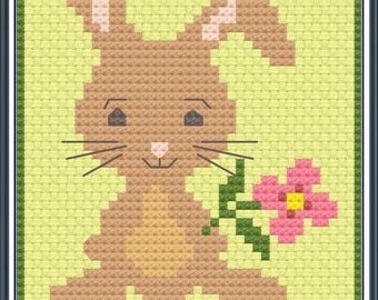 ホッピーバースデーバニークロスステッチパターン – 花とウサギ (PDF/JPEG)