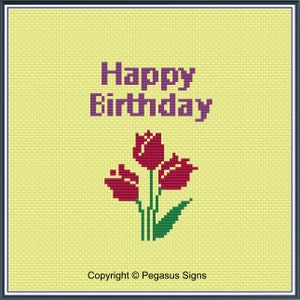 Joyeux anniversaire tulipes motif point de croix uniquement fichiers PDF/JPEG - anniversaire, fleurs, tulipes, célébrations,