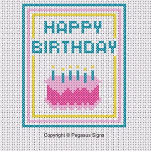 Alleen gelukkige verjaardag met kruissteekpatroon pdf-/jpeg-bestanden - designerpatroon - leuke kleurrijke taart verjaardagskaart kaarsen vieren