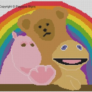 Rainbow George Zippy Bungle Cross Stitch Pattern only PDF/JPEG Files - kids TV, 1970s, hippo, bear, retro tv, cult tv,