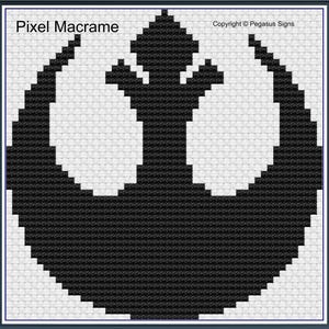 May include: Black and white pixel art design of the Rebel Alliance symbol from Star Wars. The symbol is a circle with a line through it and two wings on either side. The text "Pixel Macrame" is in the top left corner and "Copyright © Pegasus Signs" is in the top right corner.
