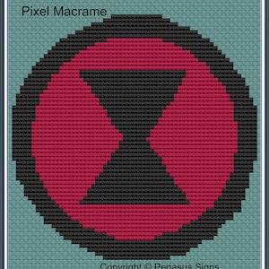 May include: Black and red pixel art design of the Black Widow symbol. The symbol is a stylized hourglass shape with a black outline and a red interior.