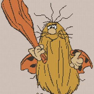 May include: A cartoon illustration of a caveman holding a club. He has a bushy beard and eyebrows, and is wearing a loincloth. The background is a light beige colour.