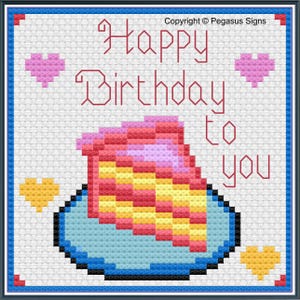 Joyeux anniversaire, motif point de croix uniquement en fichiers PDF/JPEG - carte, amour, part de gâteau, broder un cadeau, suspension murale,