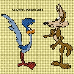 Patrón de punto de cruz del Correcaminos y el Coyote (archivos pdf jpg) dibujos animados retro de televisión divertidos Hanna Barbera pájaro coyote persecución