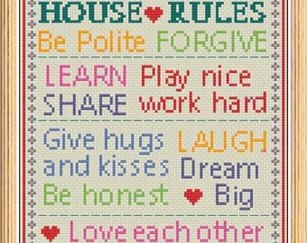Regole della casa - Schema punto croce - Decorazione murale per la famiglia (PDF/JPEG)