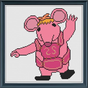 Puede incluir: Un punto de cruz enmarcado de un ratón rosa con un atuendo rosa con el número 25. El ratón está saludando con una mano y tiene una diadema amarilla. El fondo es blanco.