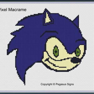 May include: Pixel art cross stitch pattern of Sonic the Hedgehog's head. The pattern is in blue, green, yellow, and black. The pattern is titled "Pixel Macrame" and has the copyright "Pegasus Signs".