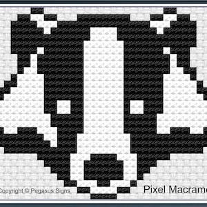 May include: Black and white pixel art image of a badger's face. The image is titled "Pixel Macrame" and has a copyright notice for Pegasus Signs.