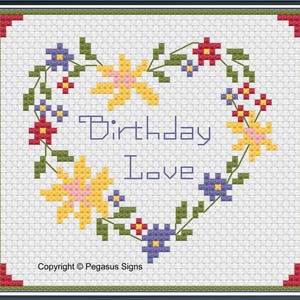 Anniversaire, amour, motif point de croix uniquement fichiers PDF/JPEG - carte, amour, fleurs, broder un cadeau, tenture murale, floral,