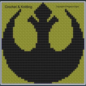 Puede incluir: Un patrón de crochet y tejido para el símbolo de la Alianza Rebelde de Star Wars. El símbolo es negro y verde sobre un fondo blanco. Copyright Pegasus Signs.