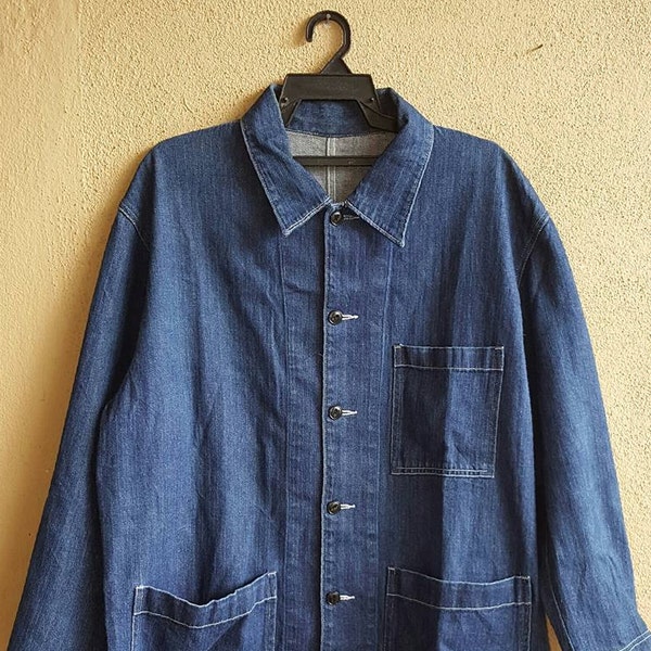 French Work Wear Style Blue Denim Jeans Chore Coat Jacket