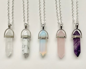 Crystal Point Necklace Healing Boho Charm Clear Quartz White Howlite Opal Opalite Rose Quartz Amethyst Silver Pillar Gemstone Pendant Gift