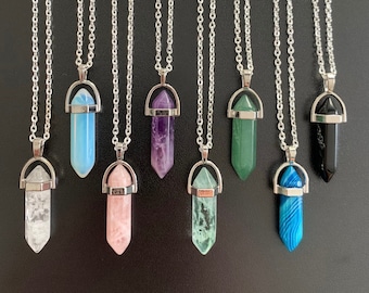 Crystal Pillar Point Necklace Natural Gemstone Semi Precious Healing Amethyst Rose Quartz Agate Opalite Aventurine Fluorite Black Obsidian