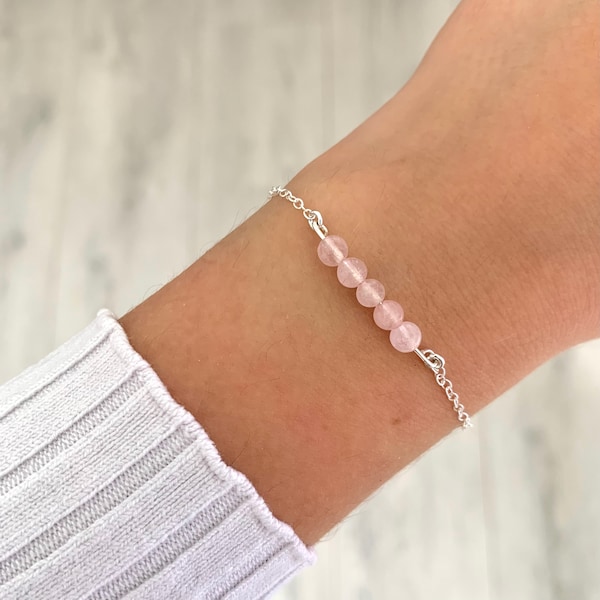 Bracciale in argento sterling al quarzo rosa, braccialetto delicato, pietra preziosa rosa, regalo per donne e ragazze, gioielli di quarzo cristallo, gioielli da damigella d'onore