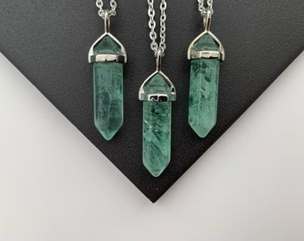 Green Fluorite Crystal Point Jewellery Necklace Pillar Natural Gemstone Jewelry Semi Precious Healing Silver Plated Pendant Gift Boho Charm