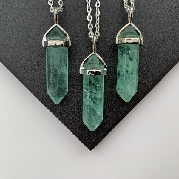 Green Fluorite Crystal Point Jewellery Necklace Pillar Natural Gemstone Jewelry Semi Precious Healing Silver Plated Pendant Gift Boho Charm